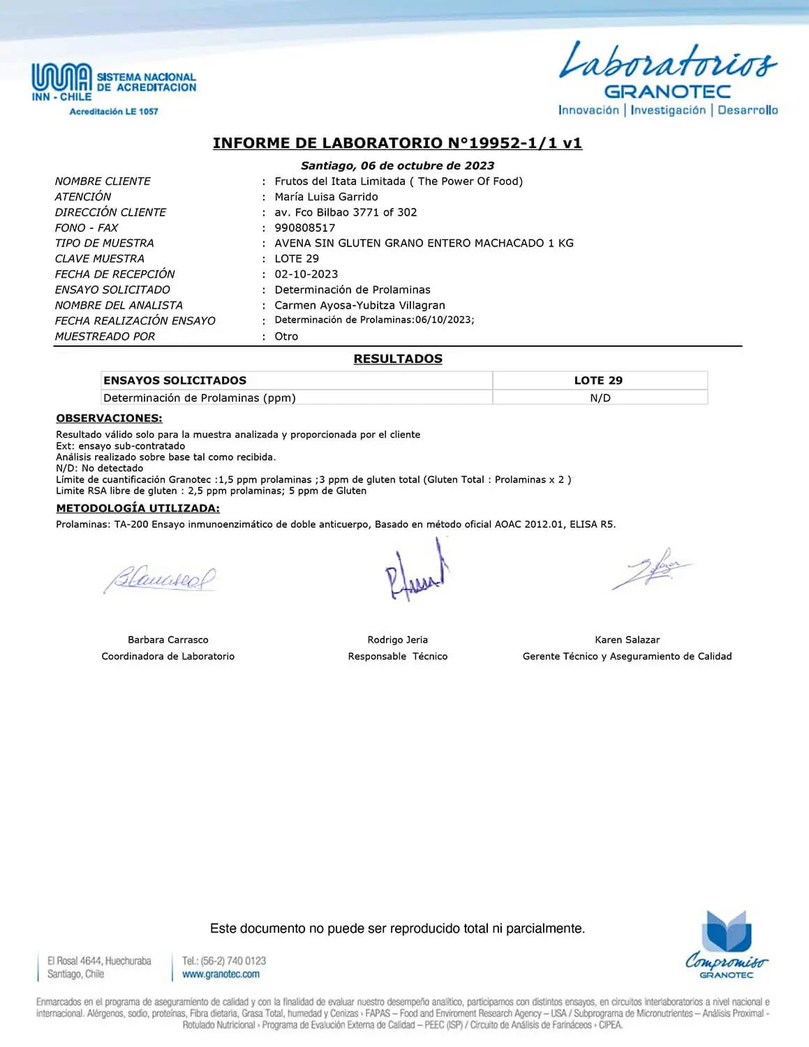 Avena Sin Gluten 1k Da'Oro Informe Laboratorio