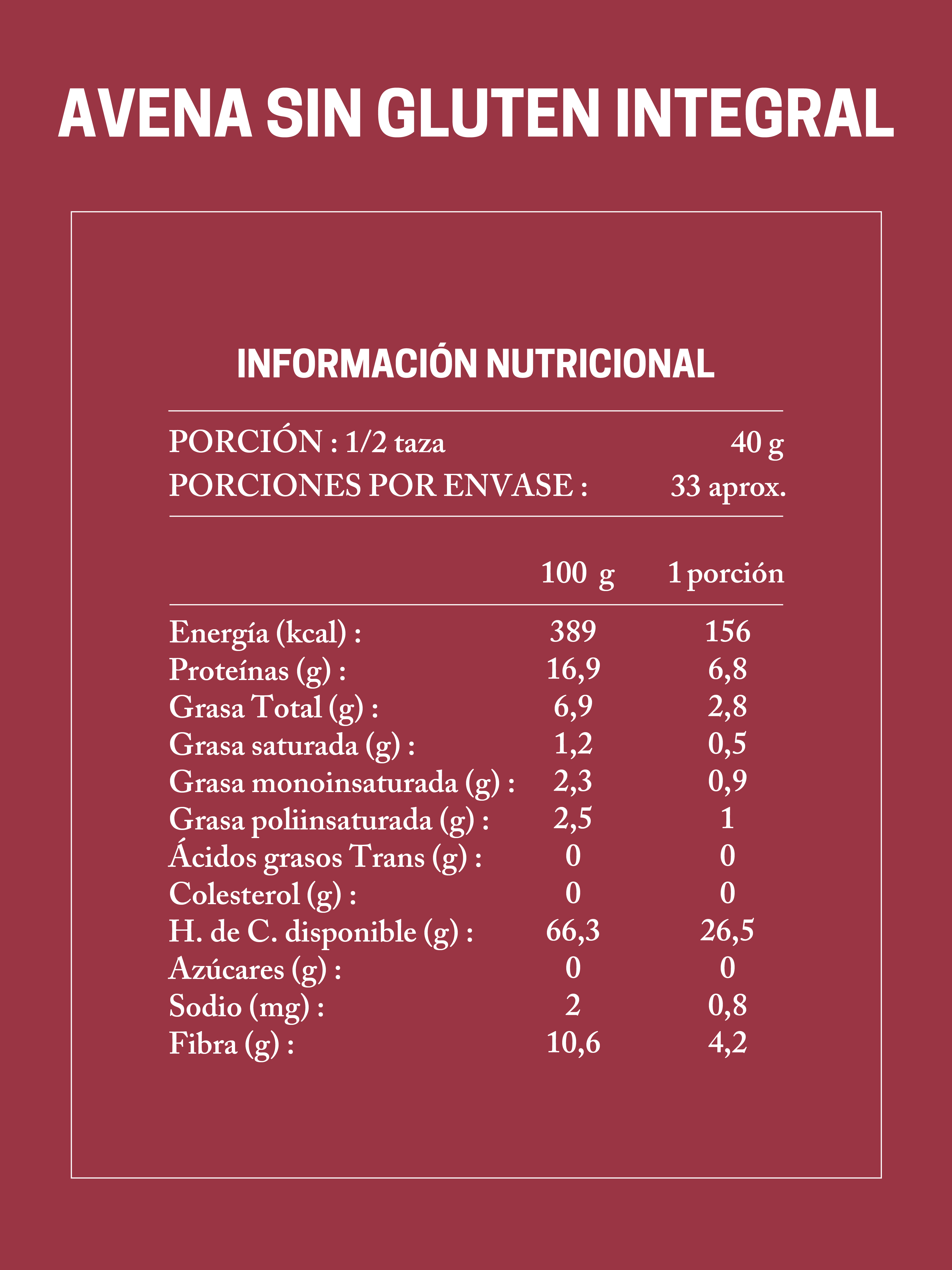 Tabla Nutricional Avena Sin Gluten Integral Da'Oro