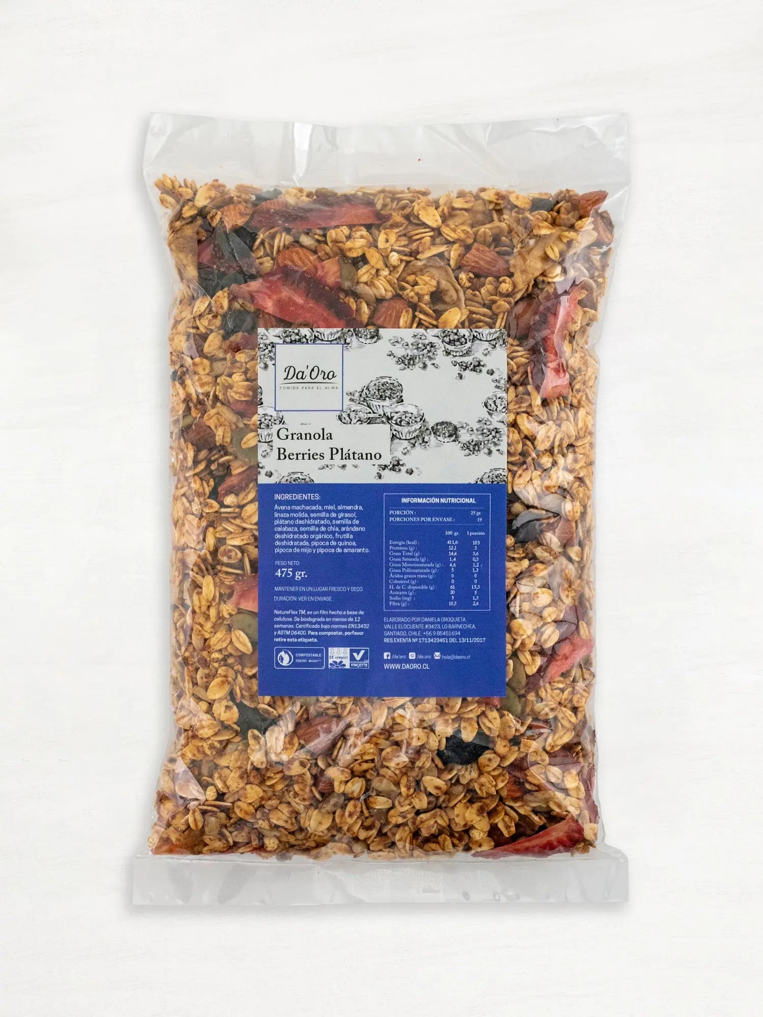 Bolsa de granola berries y plátano 475g Da’Oro