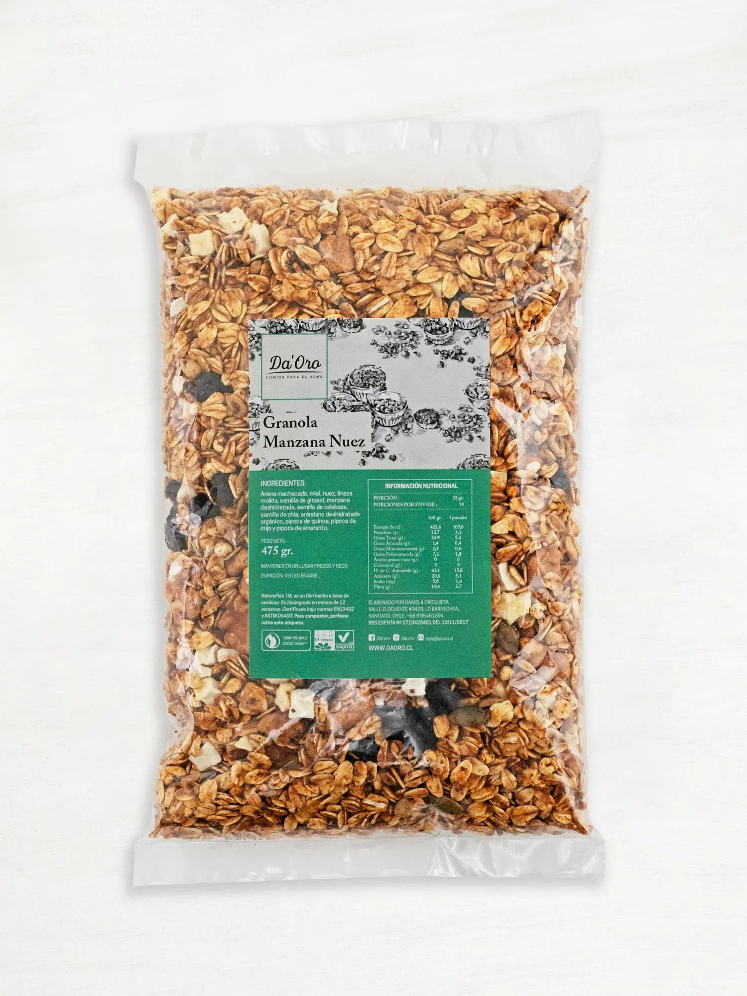 Bolsa de Granola Manzana Arándano Nuez 475g Da’Oro