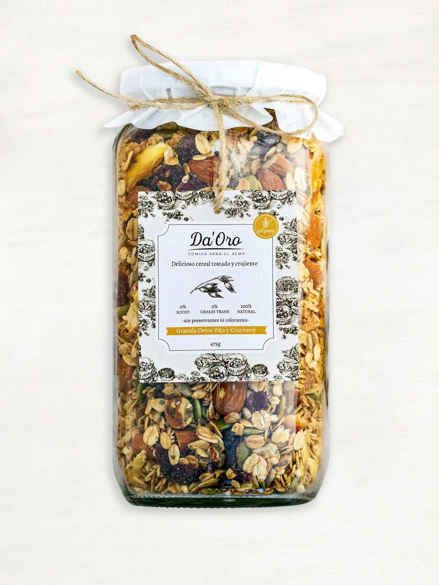 Granola Sin Gluten Detox Piña 475g en frasco vidrio