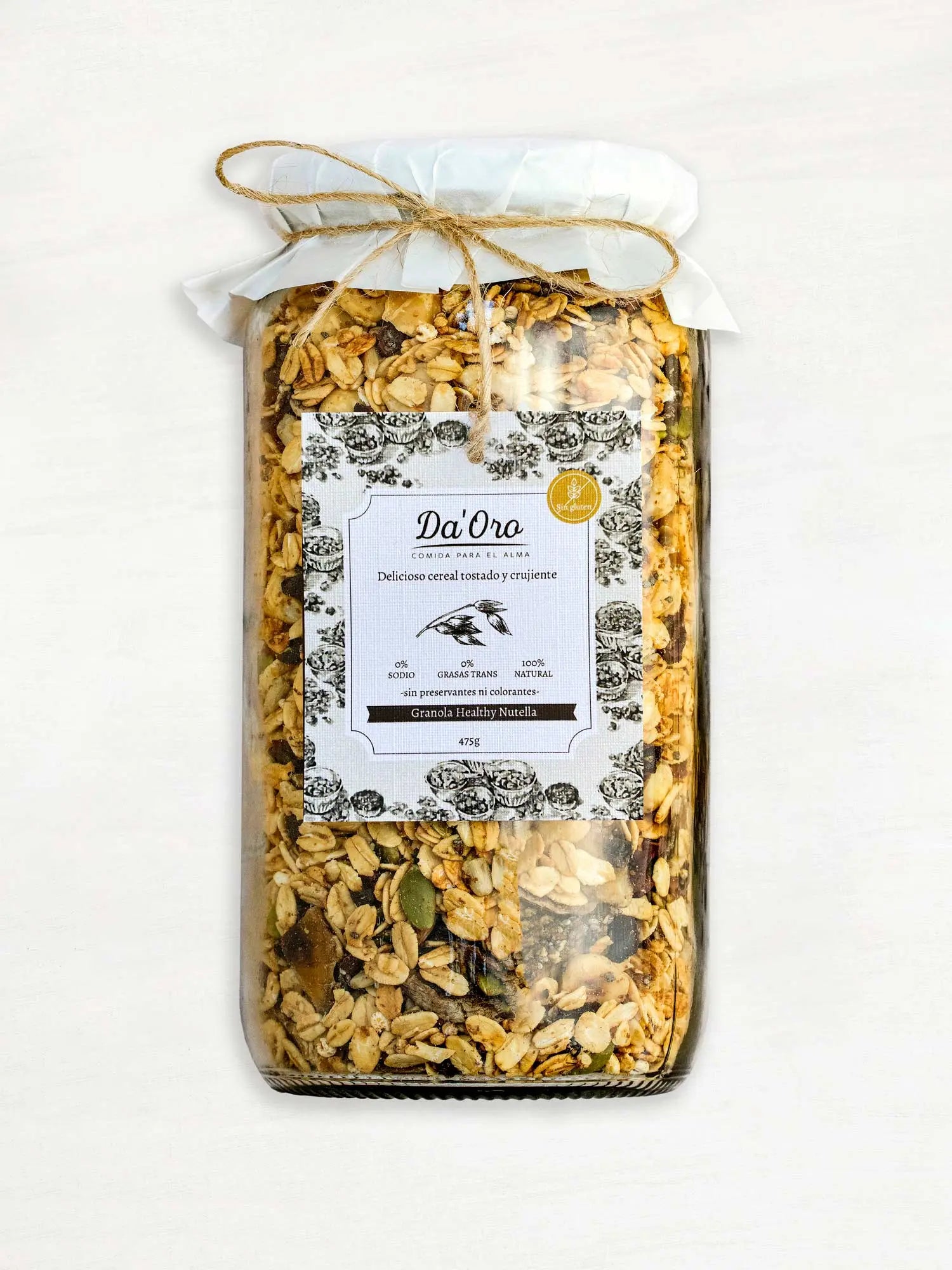 Frasco de vidrio 475g con Granola Sin Gluten Healthy Nutella Da'Oro