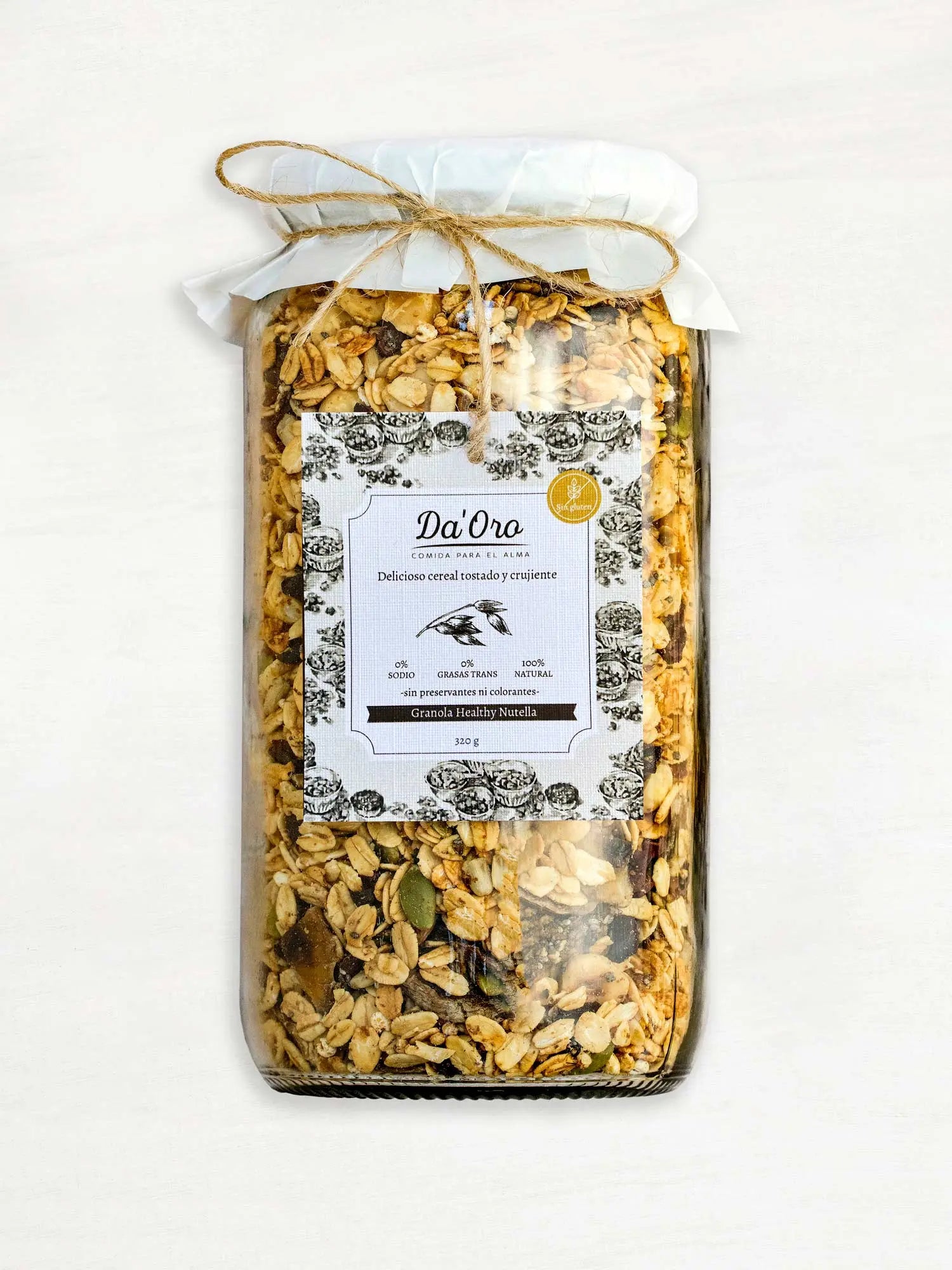 Frasco de vidrio 320g con Granola Sin Gluten Healthy Nutella Da'Oro