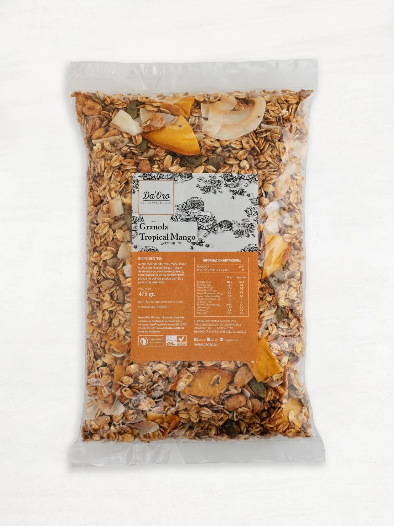 Bolsa de granola tropical mango 475g marca Da’Oro