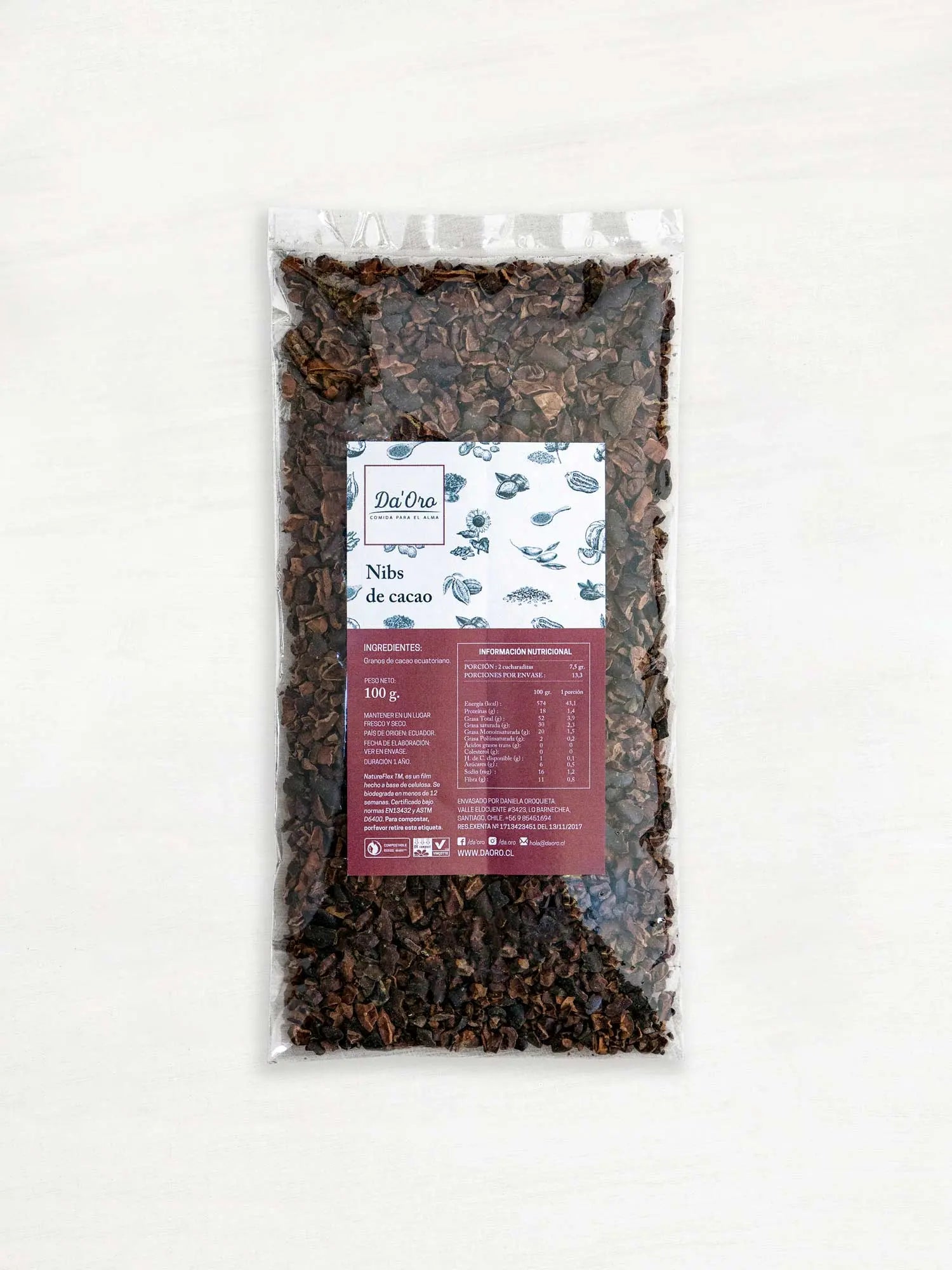 Bolsa de nibs de cacao 100g marca Da’Oro