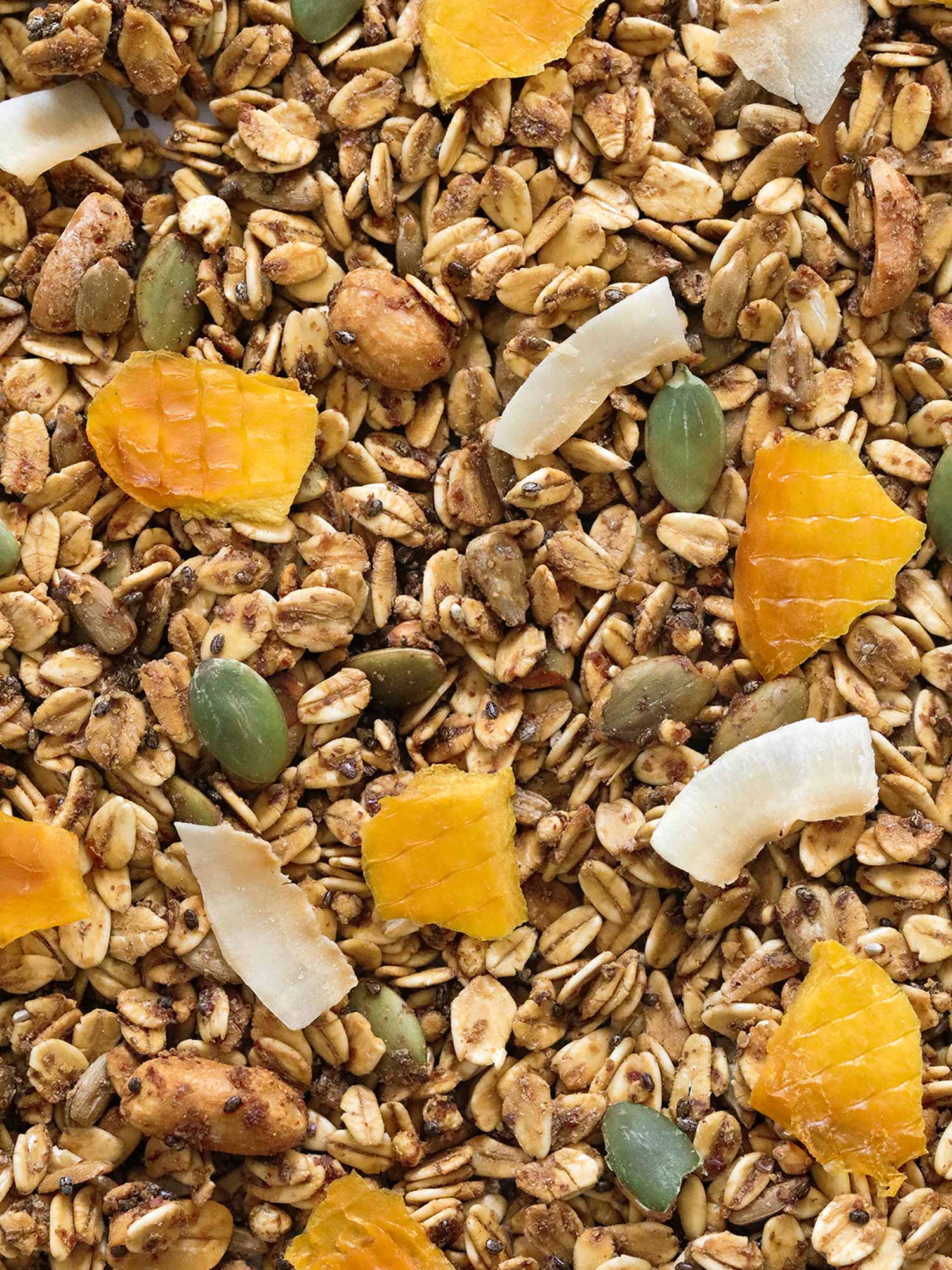 Granola de avena integral tostada con semillas, maní, coco laminado y mango deshidratado