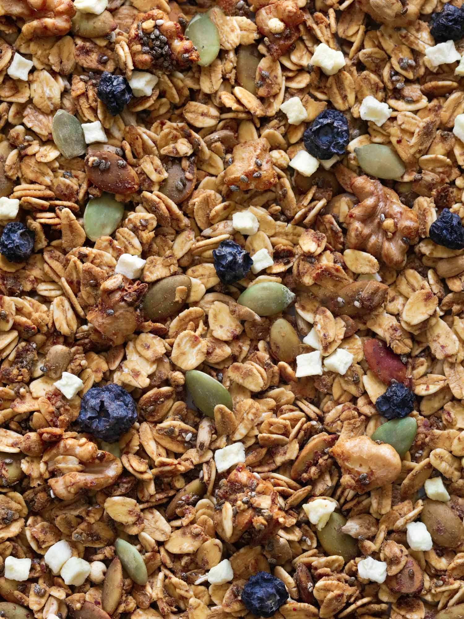 Granola de avena integral tostada con semillas, nueces, manzana en cubo y arándano deshidratado