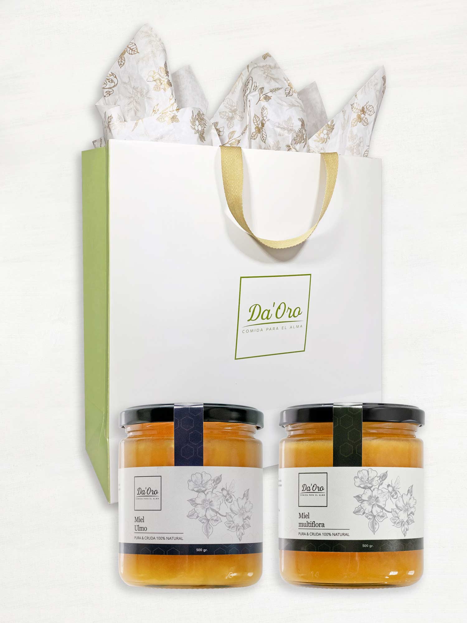 Bolsa de regalo marca Da'Oro con dos frascos de vidrio con miel