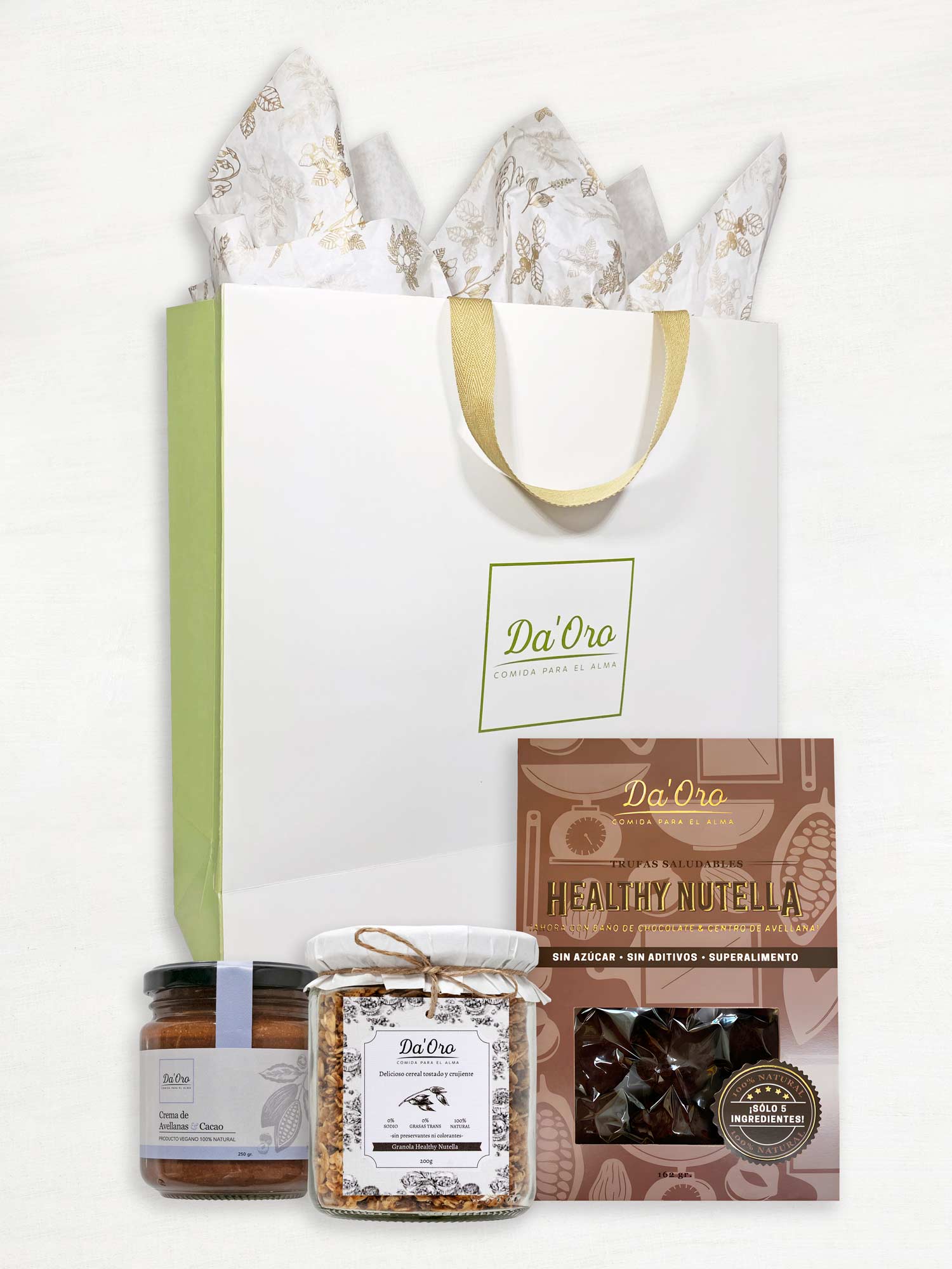 Bolsa de regalo Da'Oro con frasco vidrio nutella, frasco vidrio granola y caja de trufas nutella