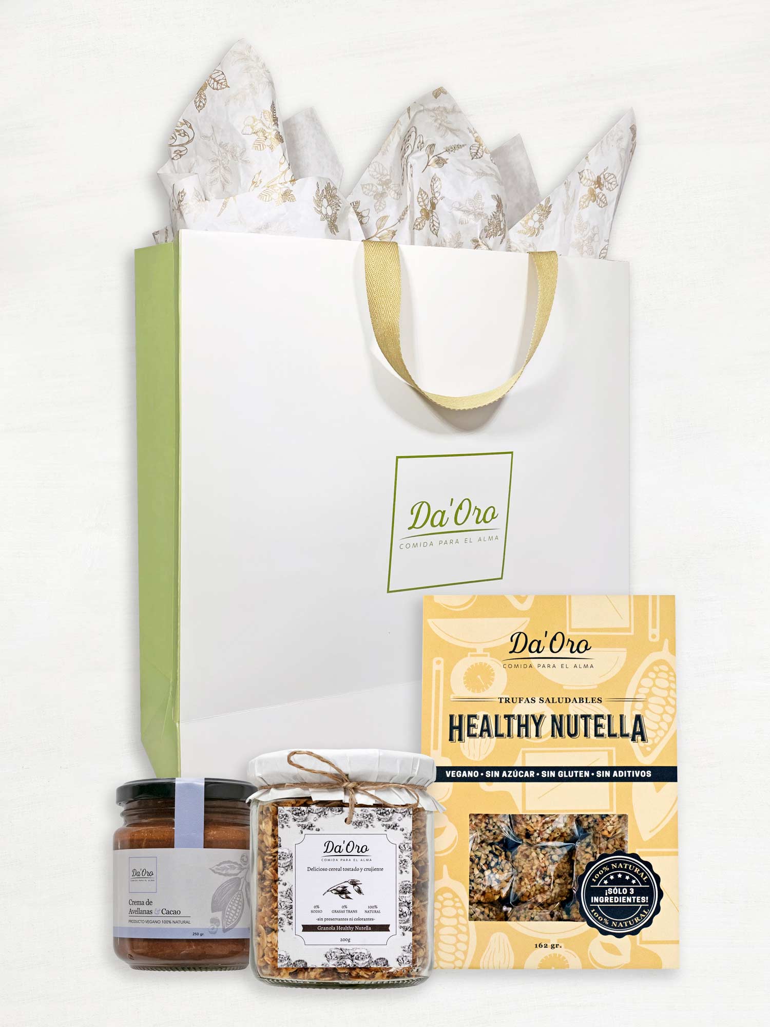 Bolsa de regalo marca Da'Oro con frasco de nutella, frasco de granola y caja de trufas healthy nutella