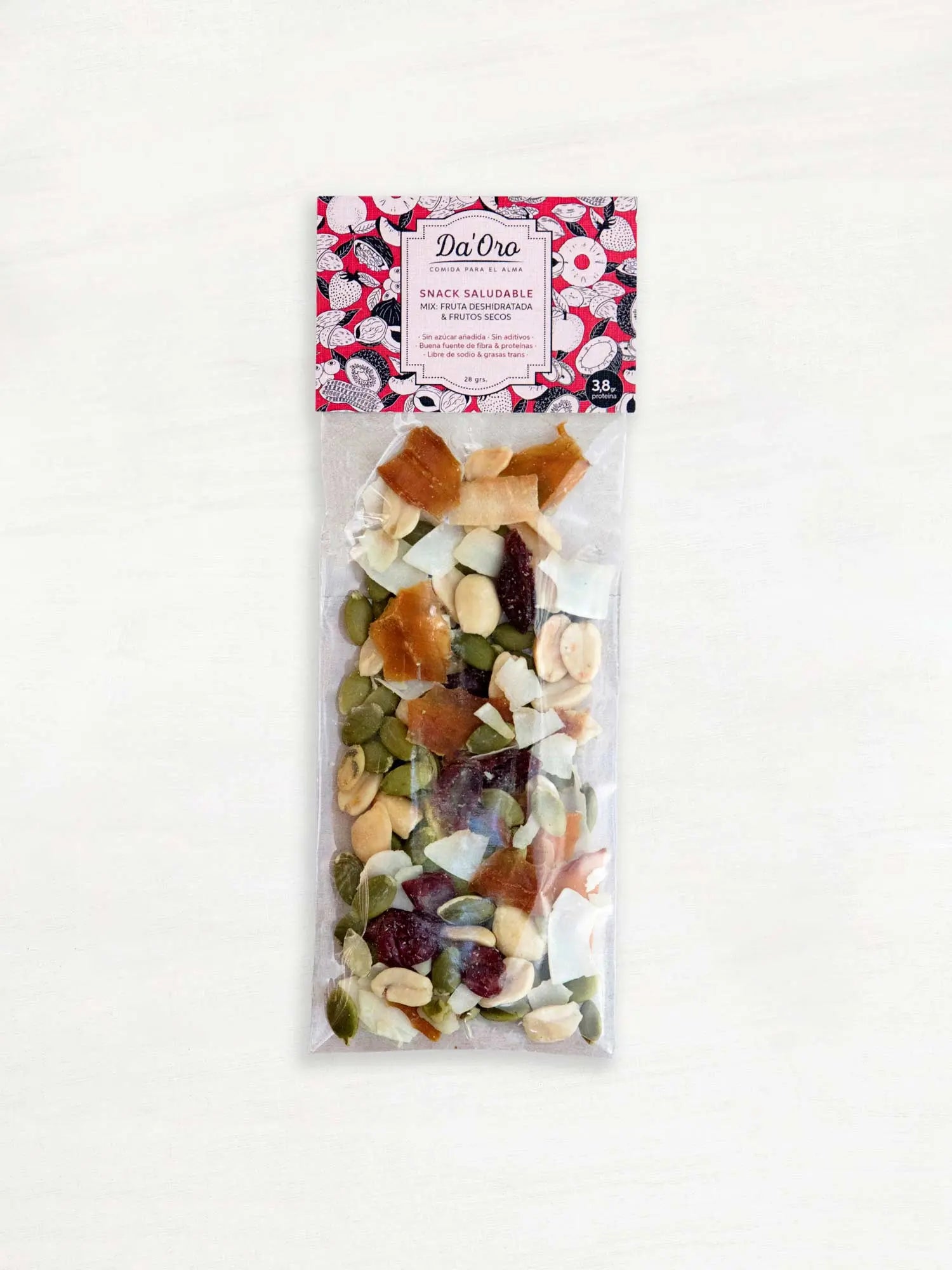 Bolsa transparente con mezcla de maní, semillas y frutas deshidratadas en formato snack Da'Oro