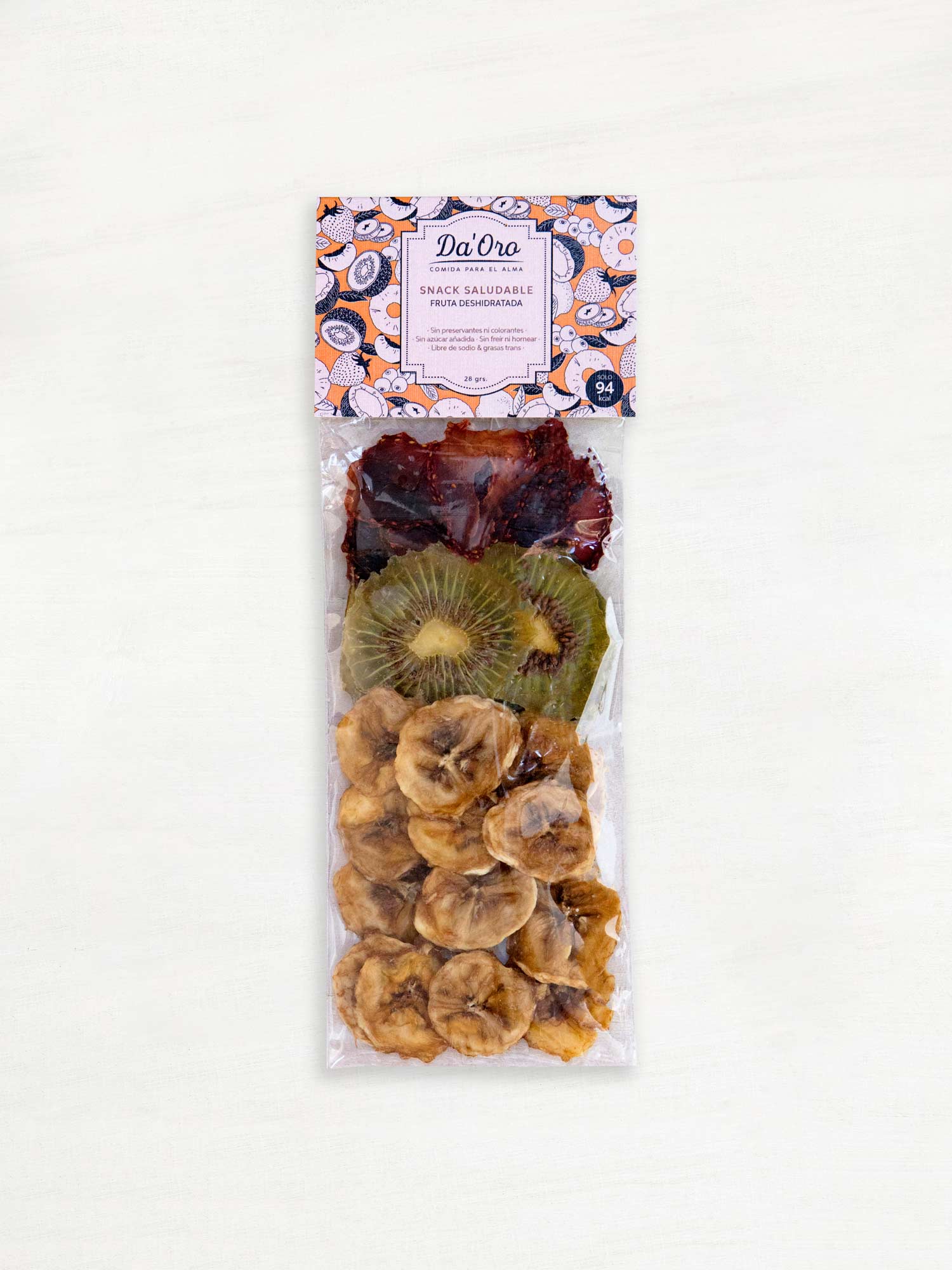 Bolsa con frutilla, kiwi y plátano deshidratado en formato snack marca Da'Oro