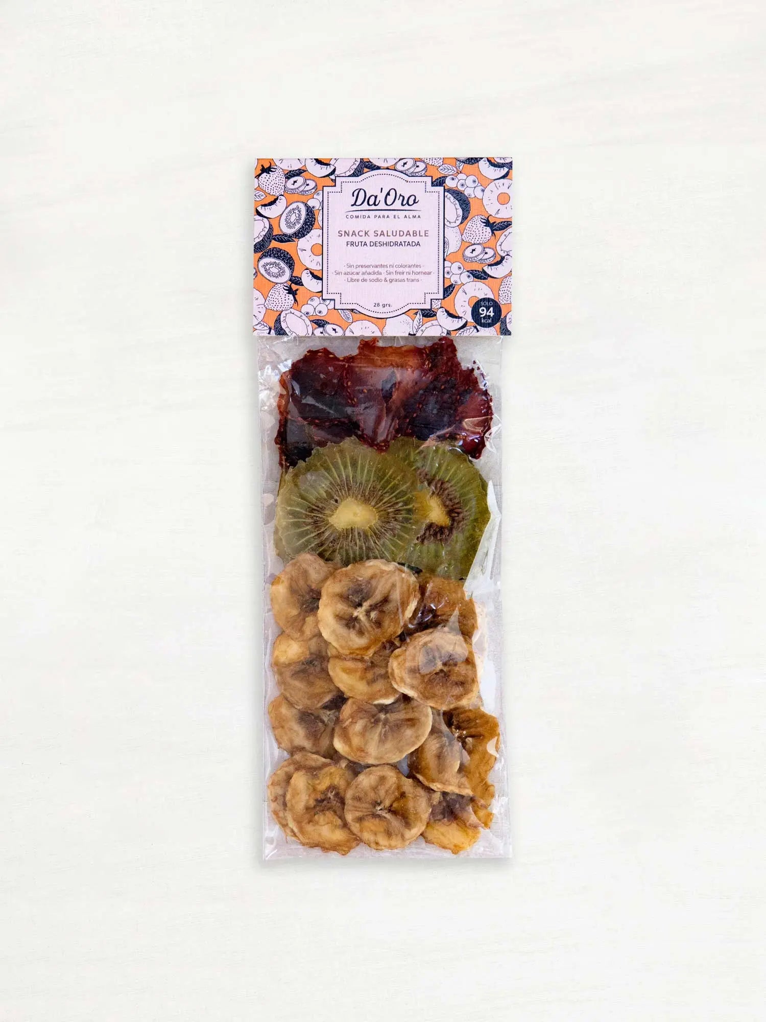 Bolsa con frutilla, kiwi y plátano deshidratado en formato snack marca Da'Oro