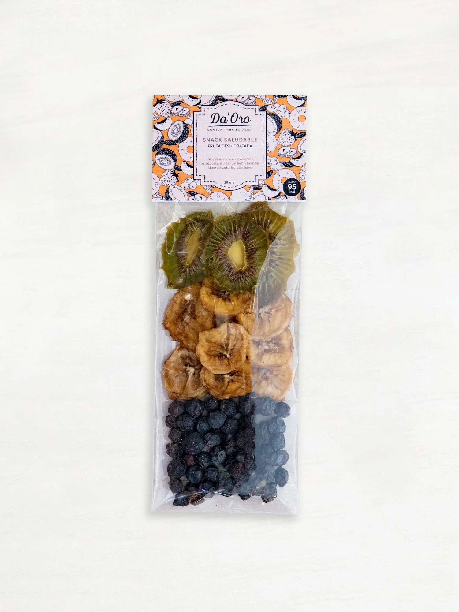 Bolsa con kiwi, plátano y arándano deshidratado en formato snack marca Da'Oro