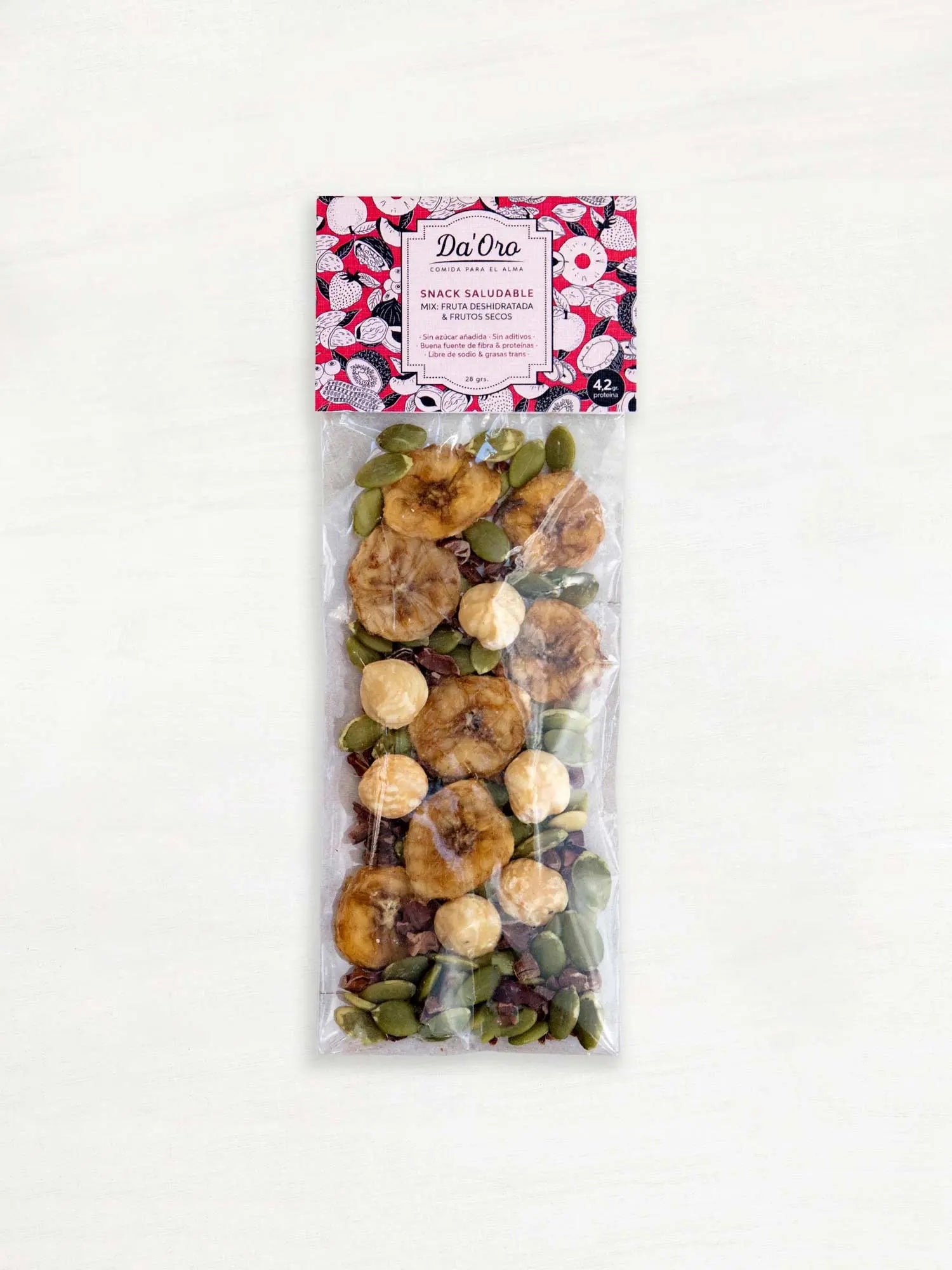 Bolsa con avellanas, semillas y plátano deshidratado en formato snack marca Da'Oro