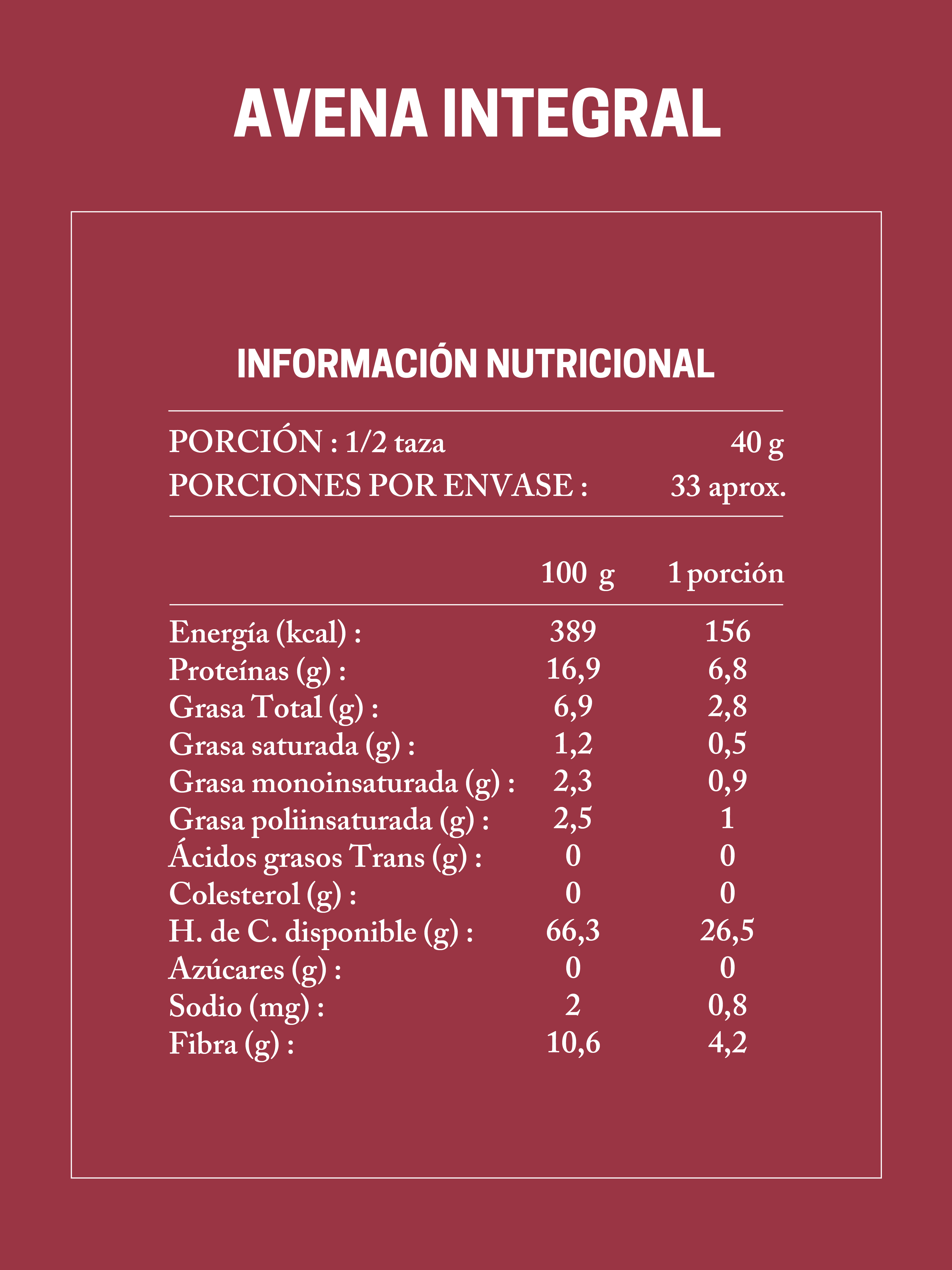 Tabla Nutricional Avena Integral Da'Oro