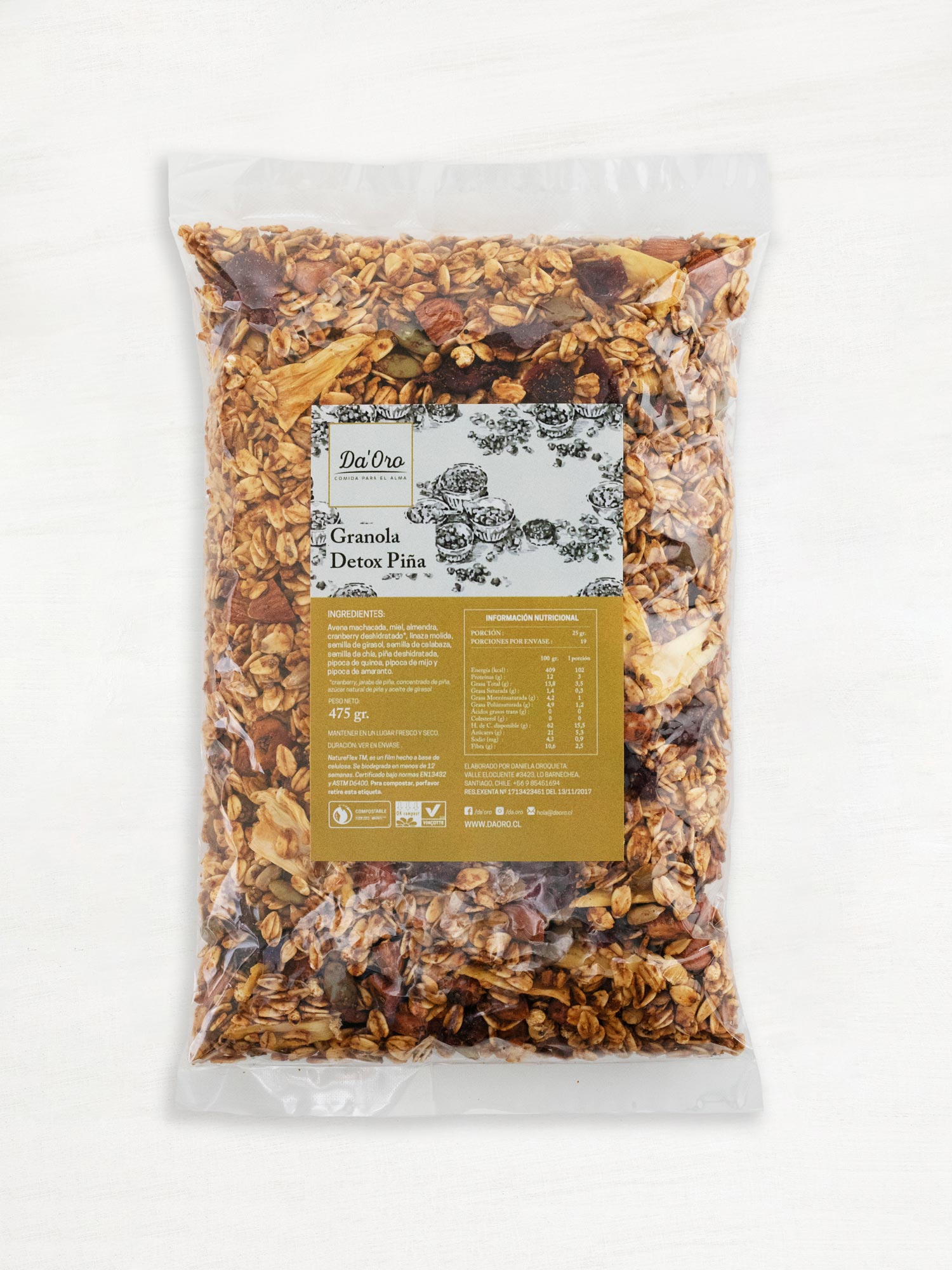 Bolsa de granola detox piña cranberry 475g marca Da’Oro