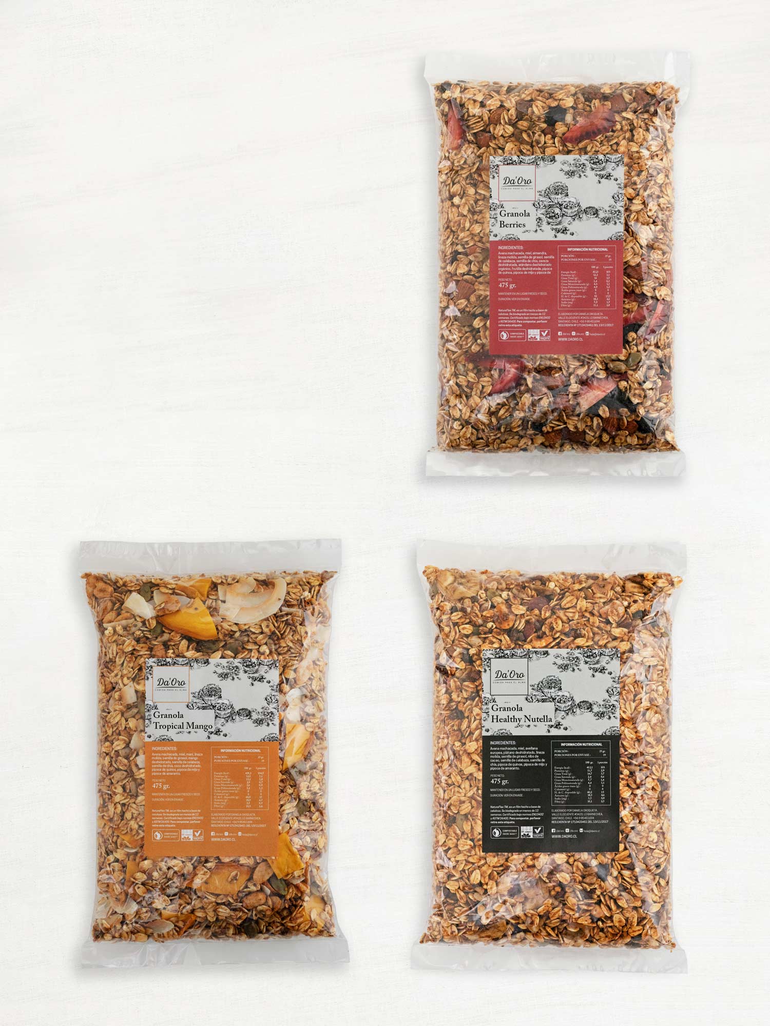 Tres bolsas de granola de 475 gramos de distintos sabores