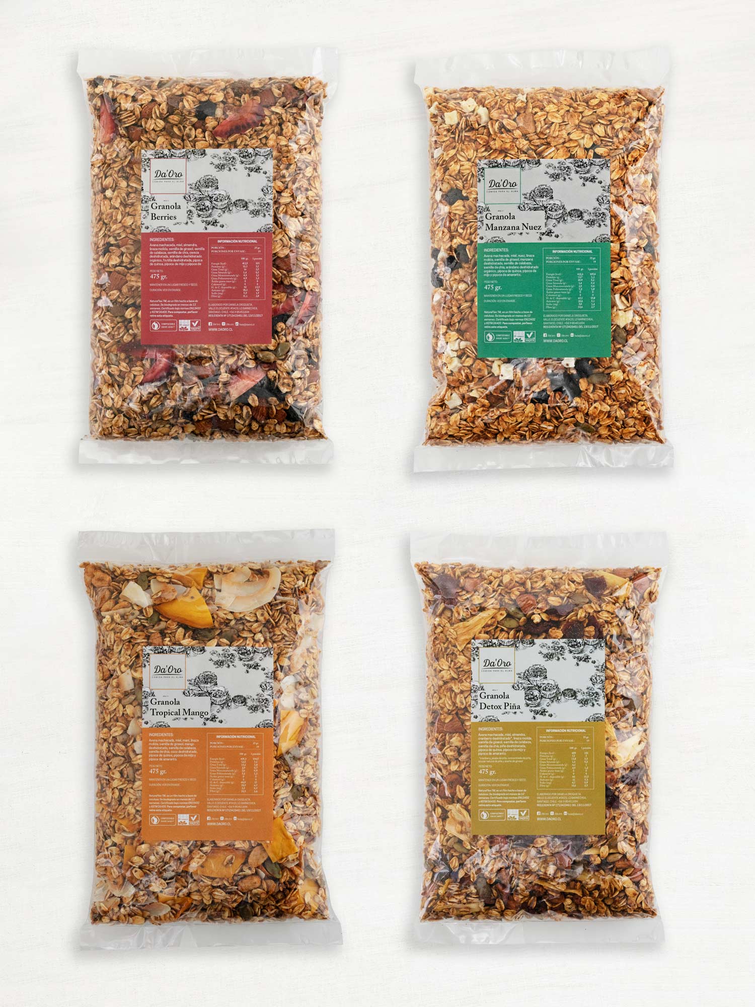 Cuatro bolsas de granola de 475 gramos de distintos sabores