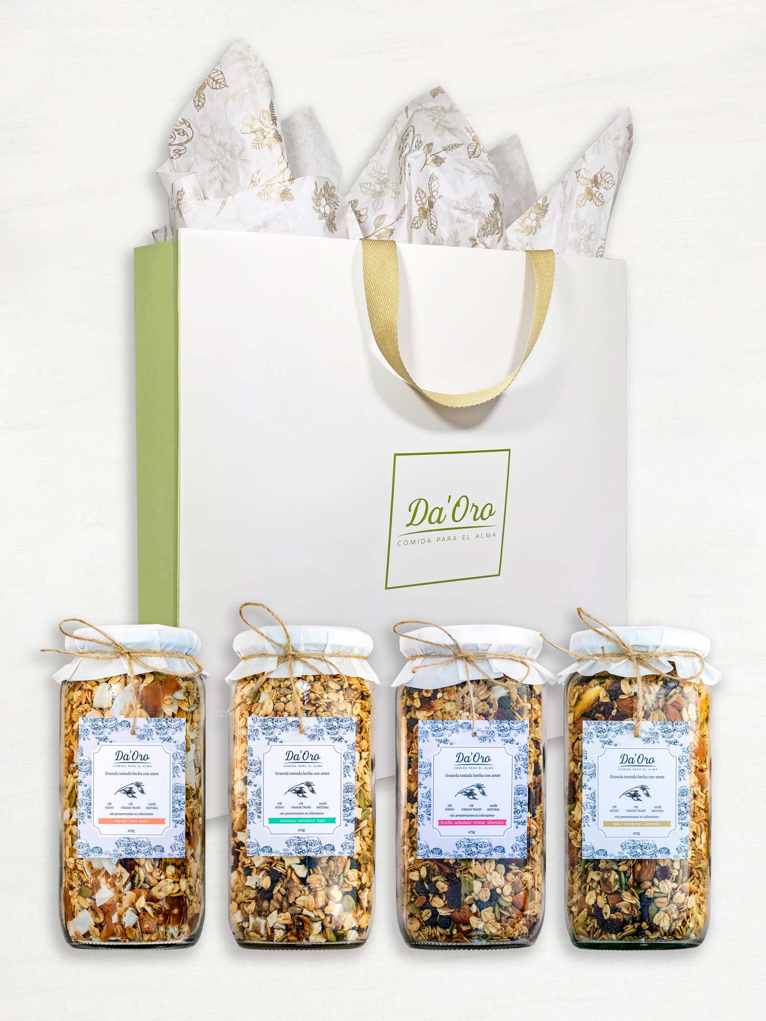 Bolsa de regalo marca Da'Oro con cuatro frascos de granola