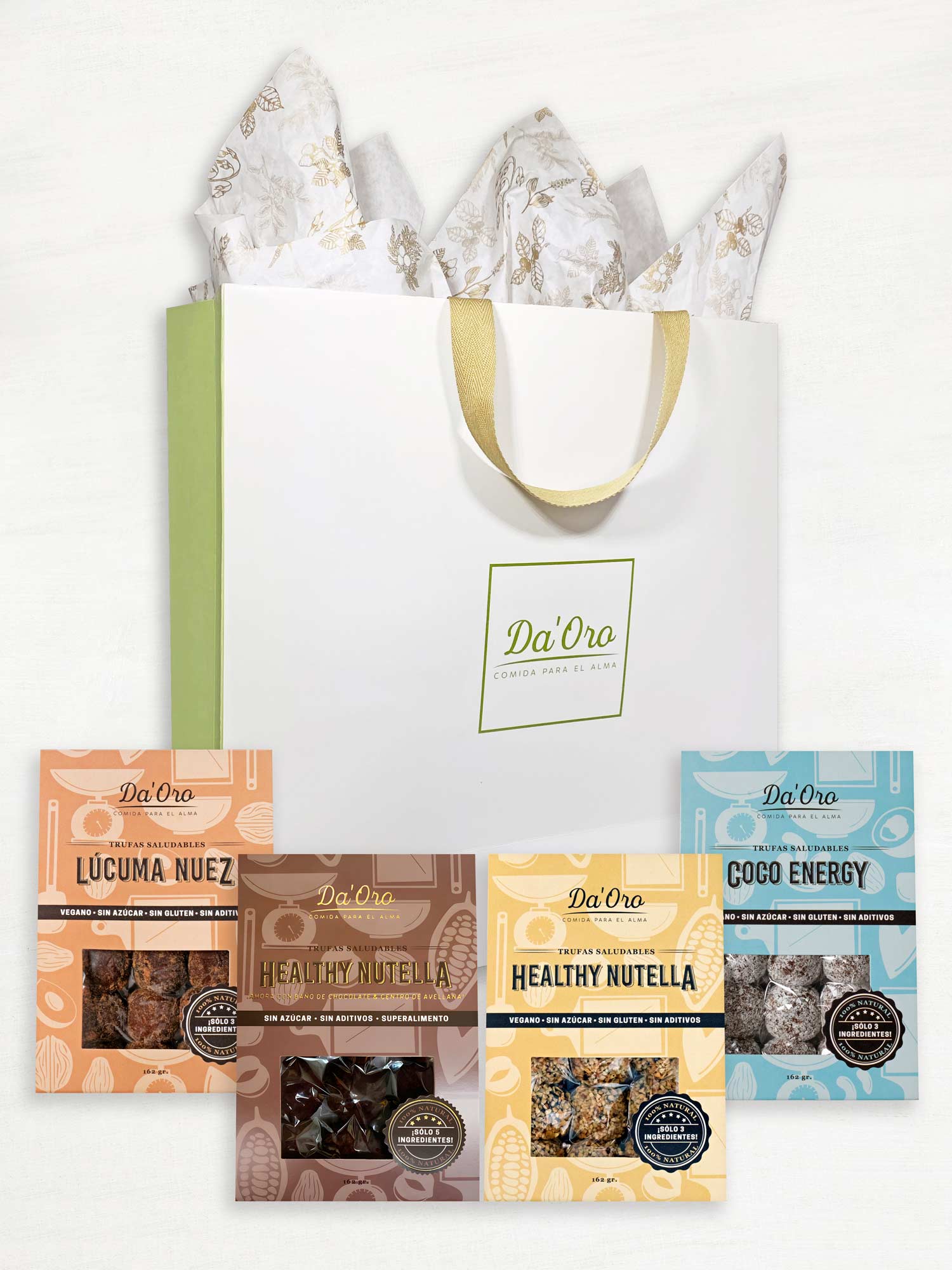 Bolsa de regalo marca Da'Oro con cuatro cajas de trufas de distinto sabor