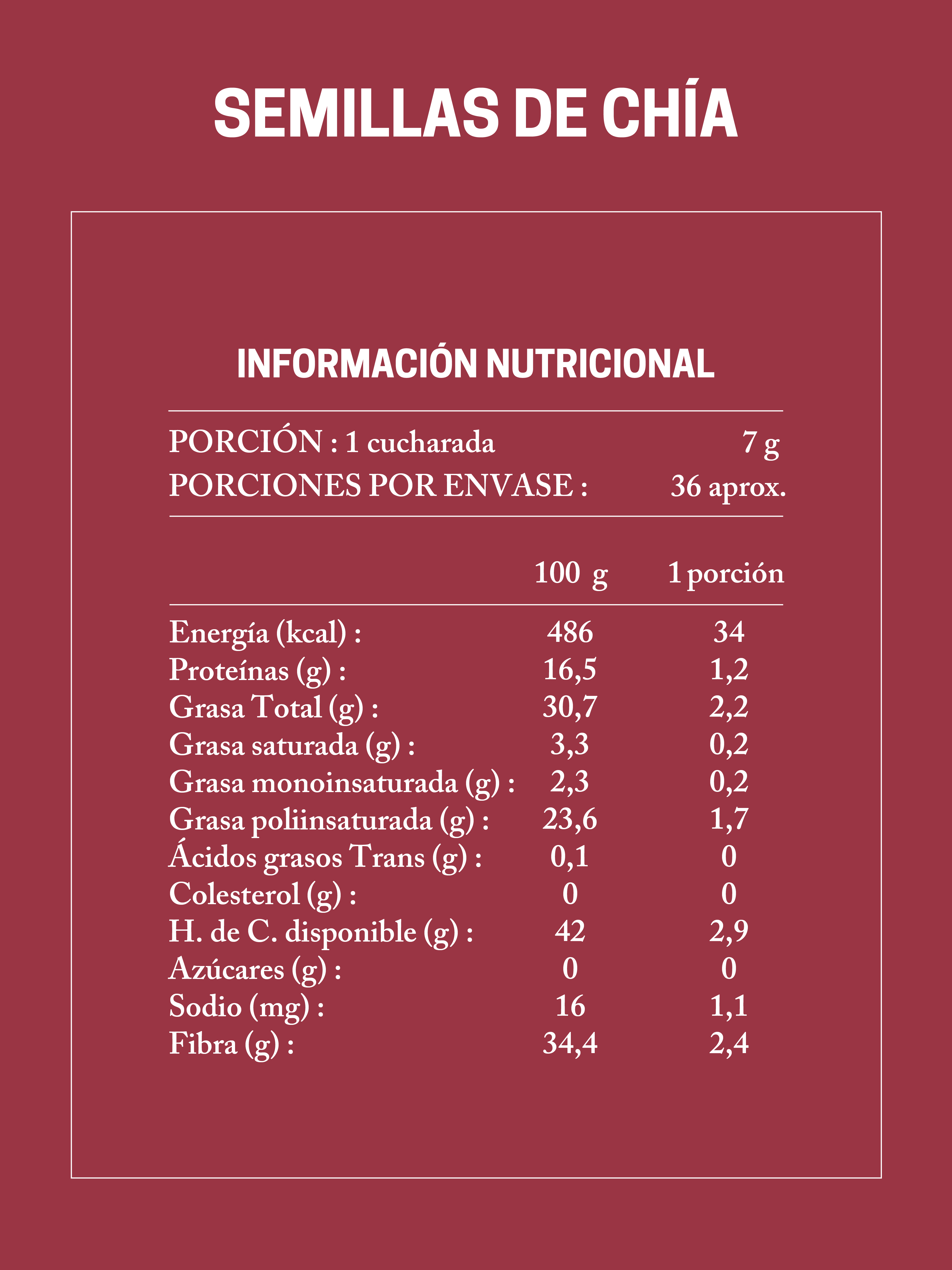 Tabla Nutricional Semilla de Chía Da'Oro