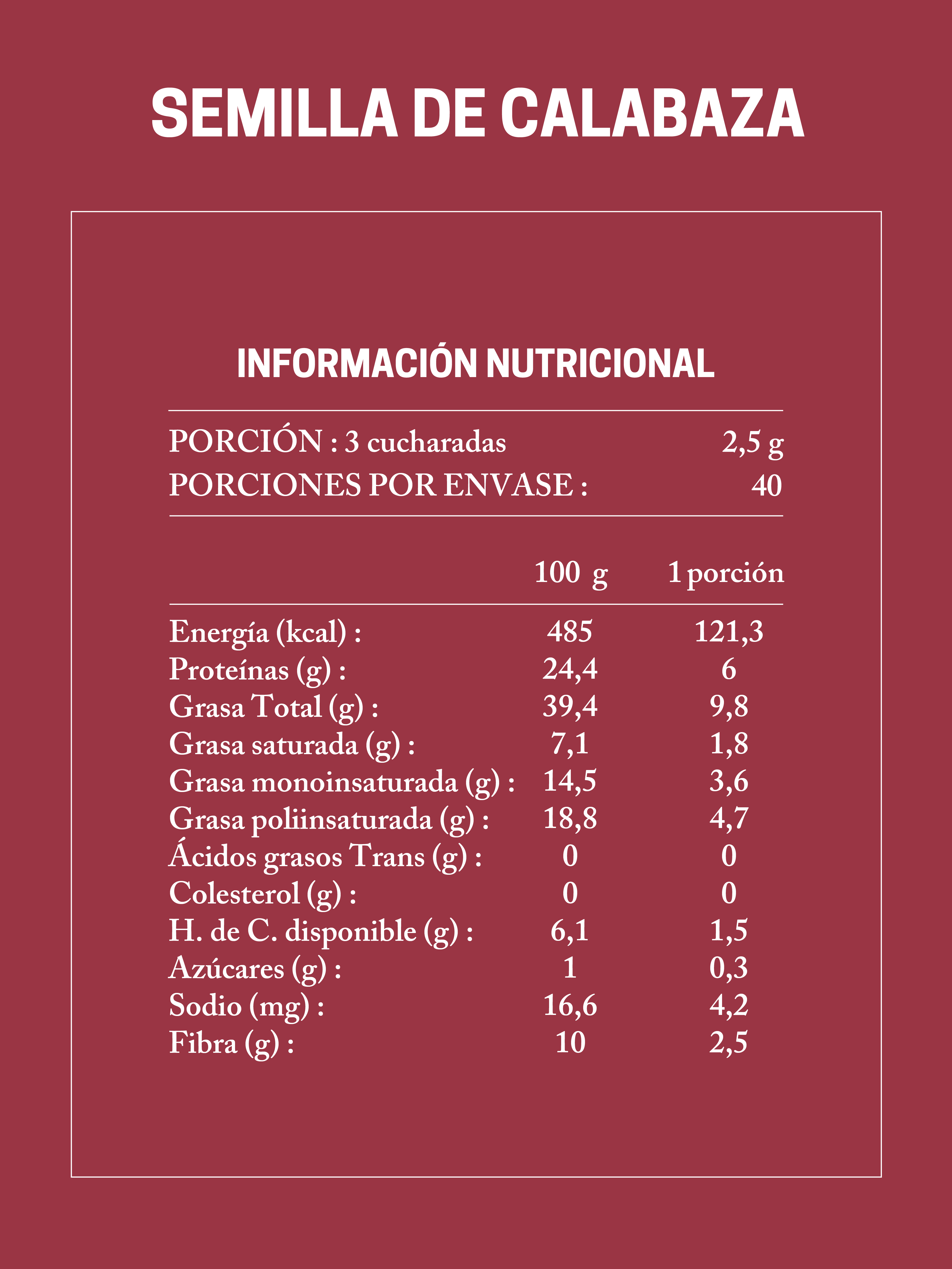 Tabla Nutricional Semilla de Zapallo Da'Oro