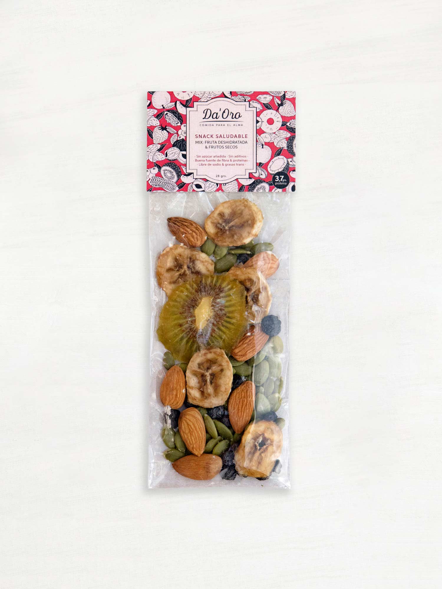 Bolsa con mix de almendra, semilla de calabaza y fruta deshidratada en formato snack marca Da'Oro