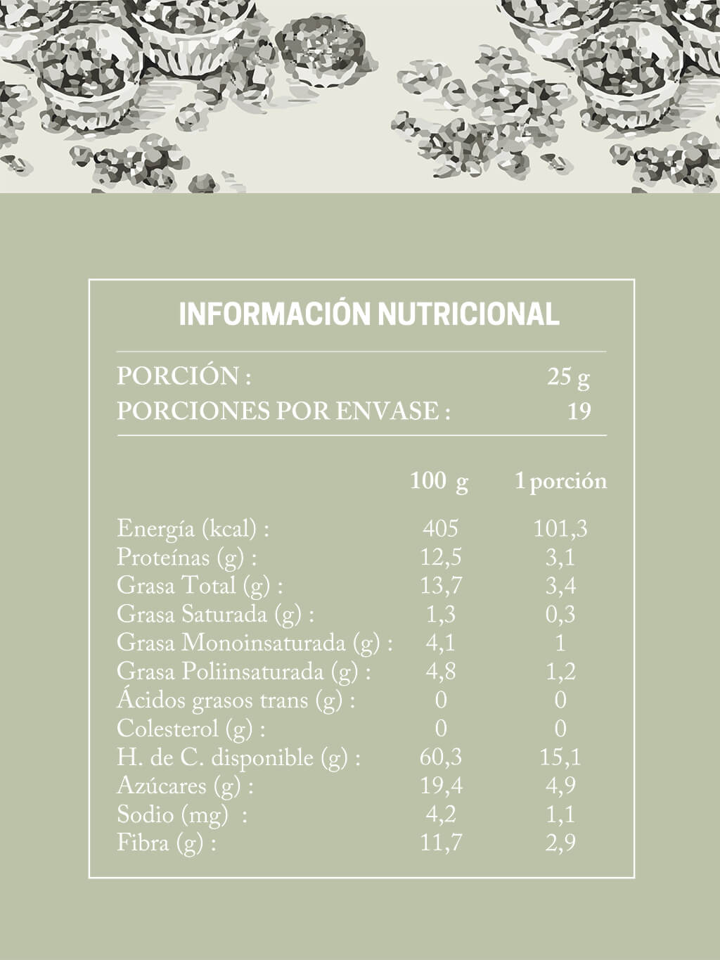 Tabla Nutricional Granola Antiox Te Matcha Da'Oro